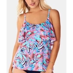 Swim Solutions Tankini Top Womens 8 Pink Floral Tiered Resort Swimsuit NEW $72